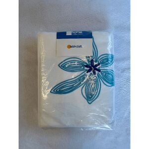 White & Turquoise Blue Embroidered 100% Cotton 60" X 104" Tablecloth, NWT, JCP